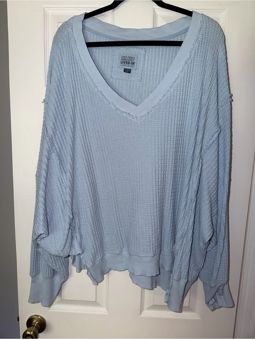 AE Blue Waffle-Knit V-Neck Women's Sweater